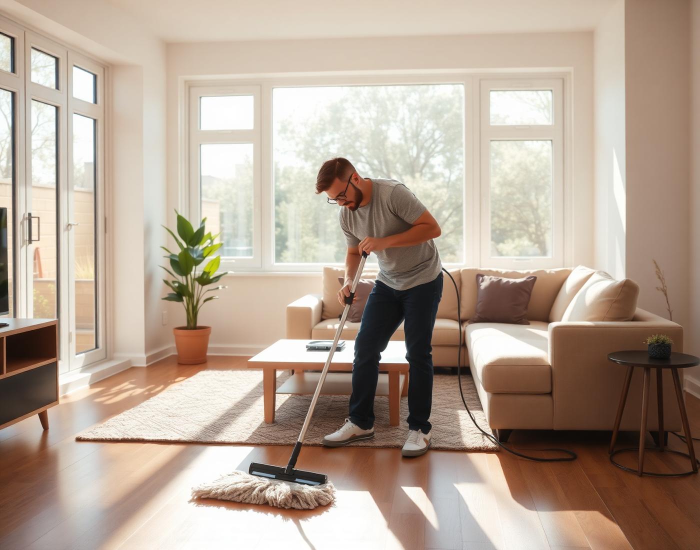 Professional cleaner mopping a sunlit living room in Adelaide